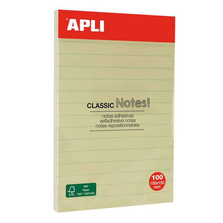 Apli Notas Adhesivas Classic con Lineas 100x150mm - Bloc de 100 Hojas - Adhesivo de Alta Calidad - Facil de Despegar - Amarillo 1