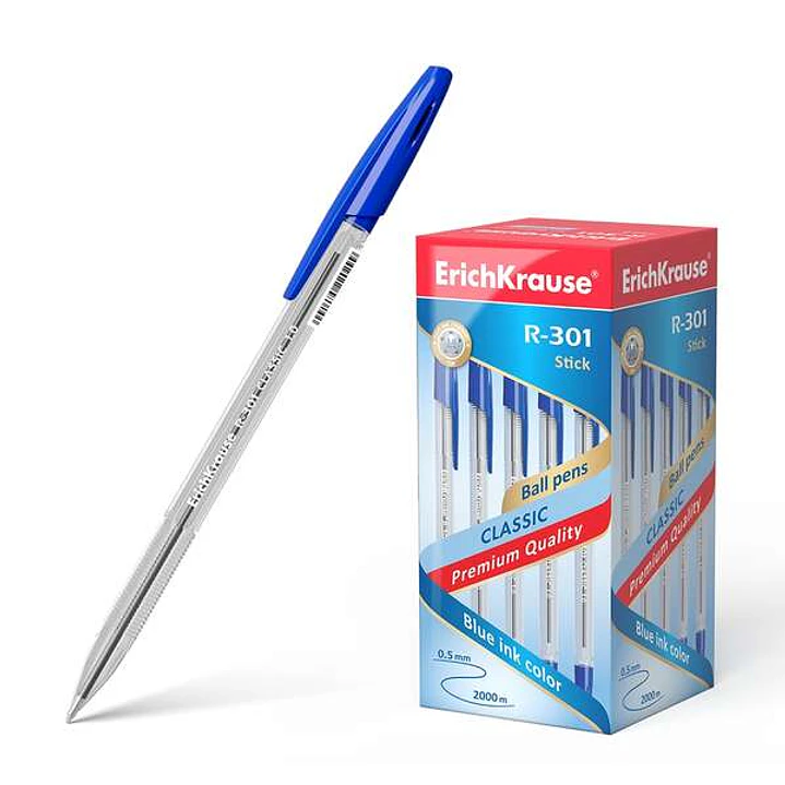 Erichkrause R-301 Boligrafo de Bola Punta 1.0mm - Trazo 0.5mm - Tinta de Secado Rapido - Cuerpo Transparente - Capuchon Ventilado - Color Azul 1