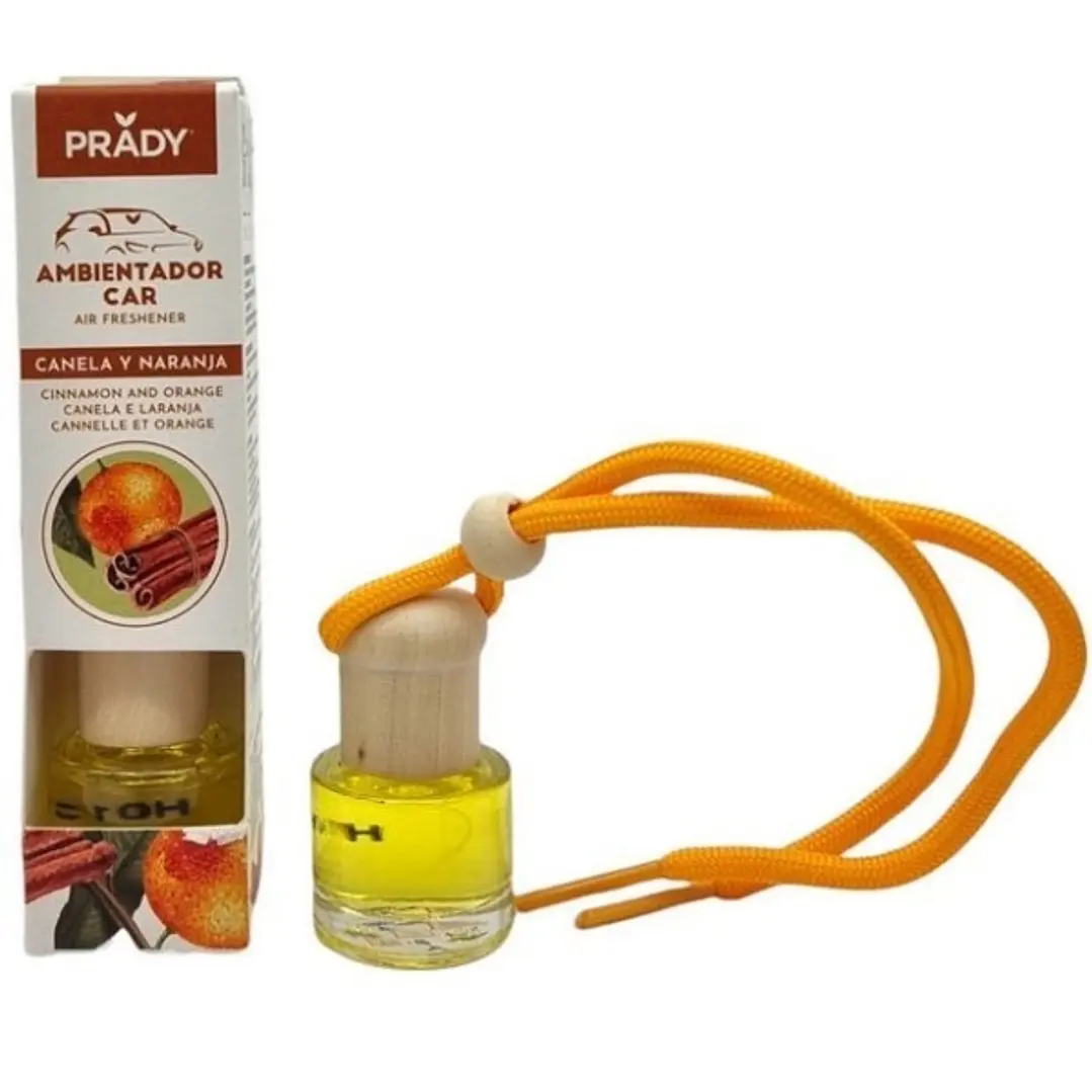 Prady Ambientador Coche Canela y Naranja - Frasco de Cristal 6 ml y Cuerda para Espejo Retrovisor 1