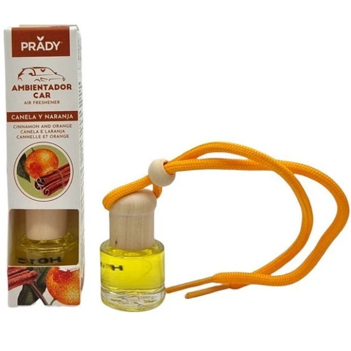 Prady Ambientador Coche Canela y Naranja - Frasco de Cristal 6 ml y Cuerda para Espejo Retrovisor 1