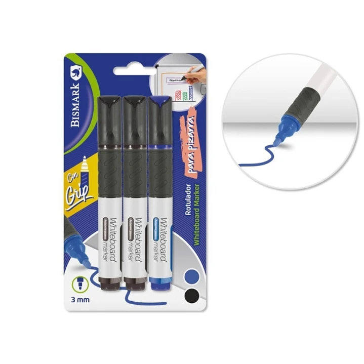 Bismark Pack de 3 Rotuladores para Pizarra Blanca con Grip - Punta Redonda 3mm - Colores Negro y Azul 1