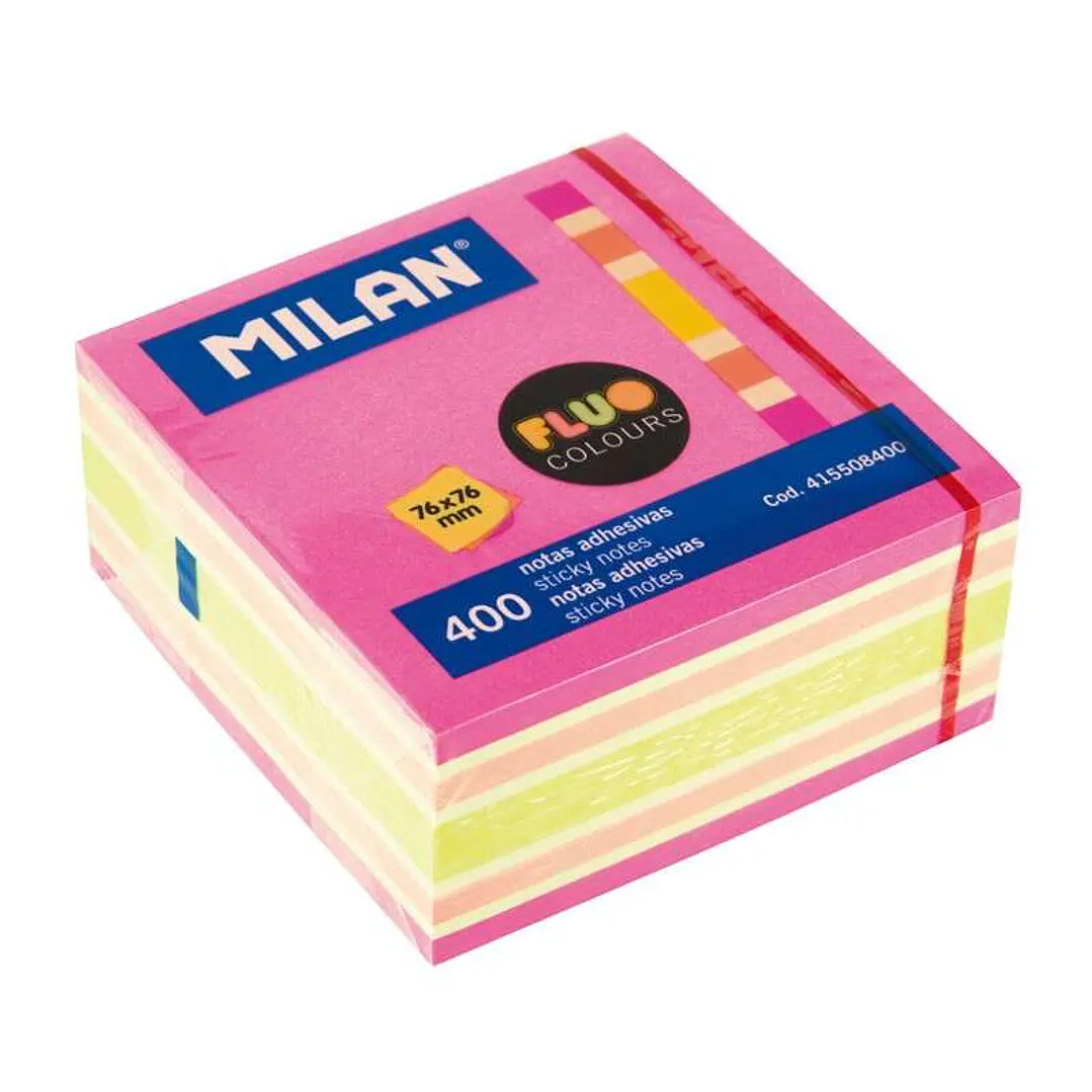 Milan Bloc de 400 Notas Adhesivas Fluo - Removibles - 76mm x 76mm - Colores Surtidos 1
