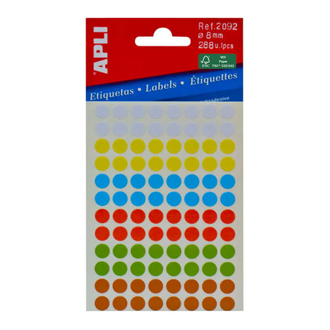 Apli Minibolsa de 288 Etiquetas Redondas Ø 8mm - 3 Hojas por 96 Etiquetas - Adhesivo Permanente - Colores Surtidos 1