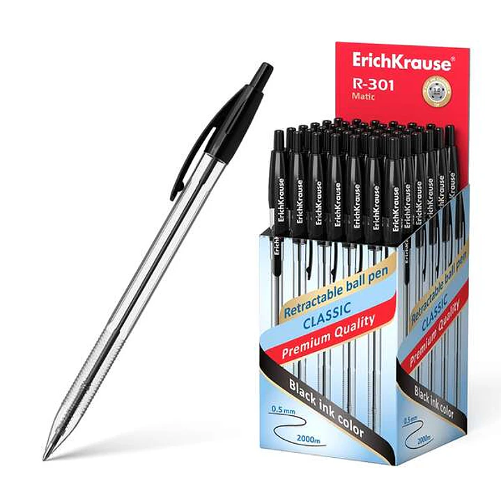 ErichKrause R-301 Matic Boligrafo Retractil Punta de Bola 1.0mm - Tinta de Secado Rapido - Cuerpo Transparente - Color Negro 1