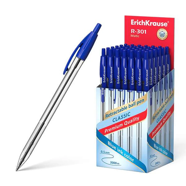 ErichKrause R-301 Matic Boligrafo Retractil Punta de Bola 1.0mm - Tinta de Secado Rapido - Cuerpo Transparente - Color Azul 1