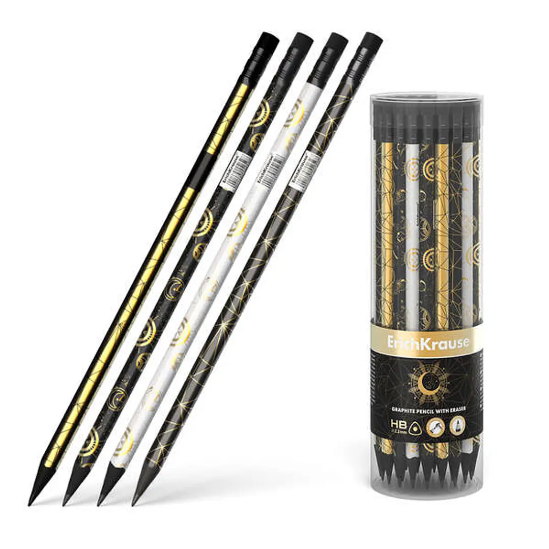 Erichkrause Magic Sky Lapiz de Grafito Triangular HB - Goma de Borrar - Madera Negra - Cuatro Diseños Diferentes 1