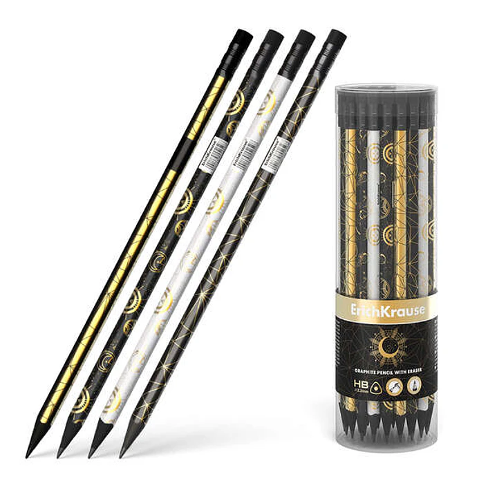 Erichkrause Magic Sky Lapiz de Grafito Triangular HB - Goma de Borrar - Madera Negra - Cuatro Diseños Diferentes 1