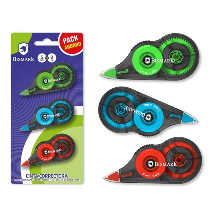 Bismark Pack de 3 Cintas Correctoras 5mmx8m - Perfecta Adherencia al Papel - Presentacion en Blister - Colores Surtidos 1