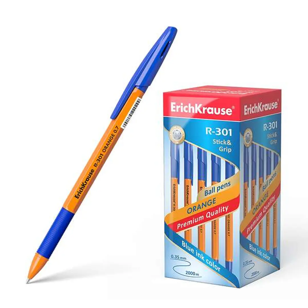 Erichkrause Boligrafo R-301 Stick&Grip - Cuerpo Hexagonal Naranja - Punta de 0.7mm - Tinta de Secado Rapido - Color Azul 1