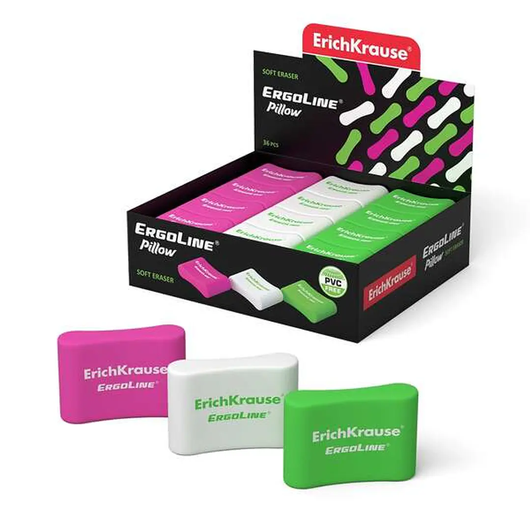Erichkrause Ergoline Pillow Goma de Borrar Ergonomica - Fabricada de Caucho Termoplastico Hipoalergenico - Sin PVC - Colores Rosa, Blanco y Verde 1