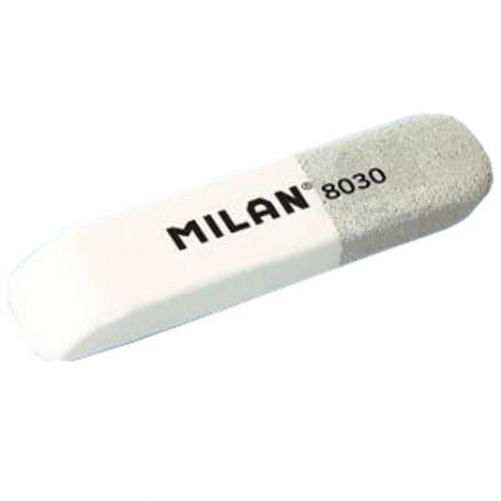 Milan 8030 Goma de Borrar Biselada - Doble Uso - Flexible - Miga de Pan - Caucho - Color Blanco/Gris 1