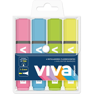 Molin Viva Pack de 4 Marcadores Fluorescentes - Trazo entre 1 y 5mm - Tinta con Base de Agua - Colores Surtidos