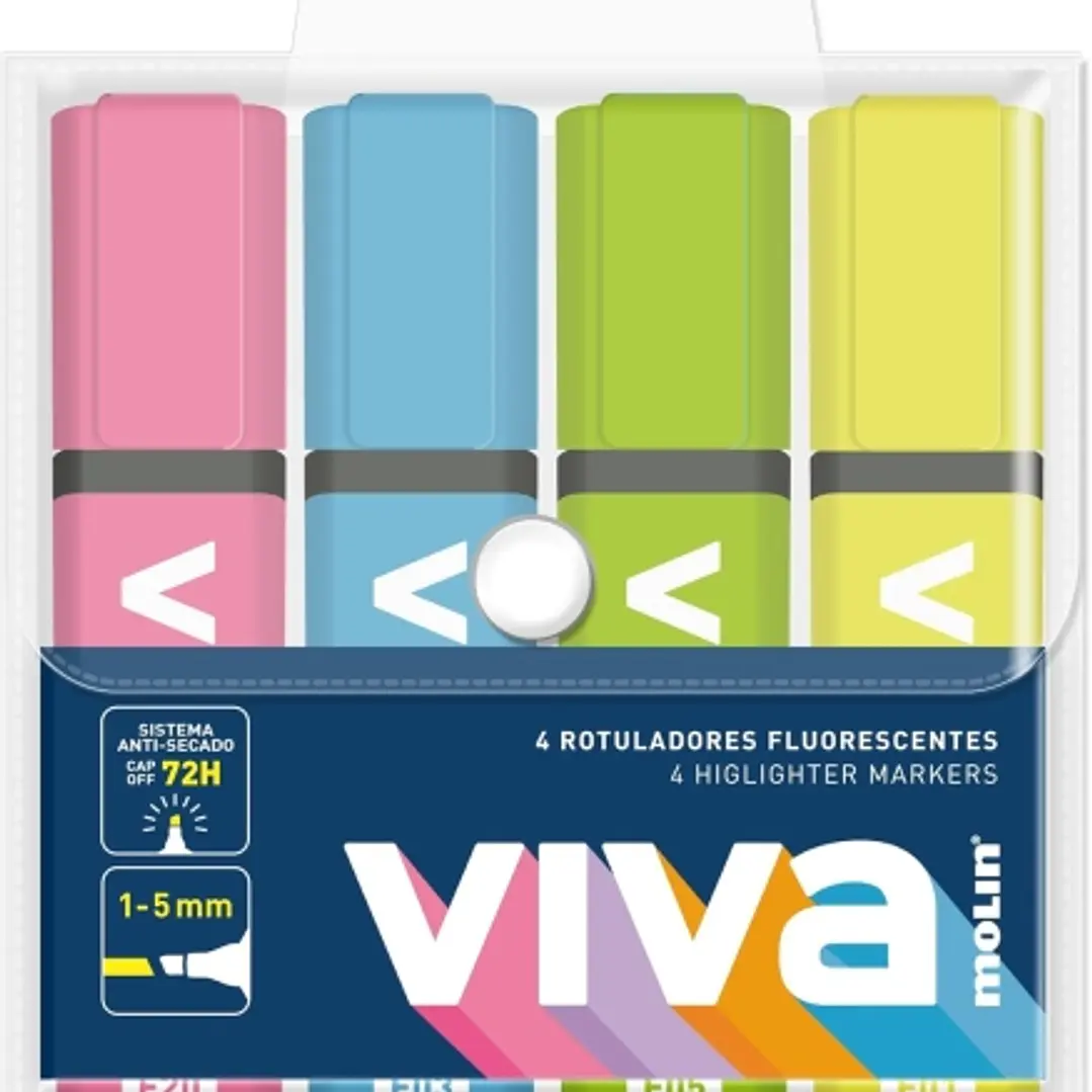 Molin Viva Pack de 4 Marcadores Fluorescentes - Trazo entre 1 y 5mm - Tinta con Base de Agua - Colores Surtidos 1