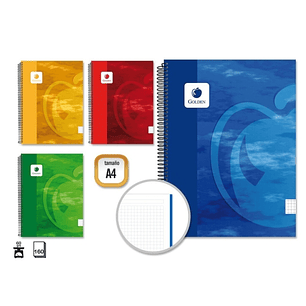 Golden Cuaderno Espiral A4 160 Hojas 60grs Cuadricula 5x5 - Hojas Microperforadas - Tapa Dura Plastificada - Colores Surtidos