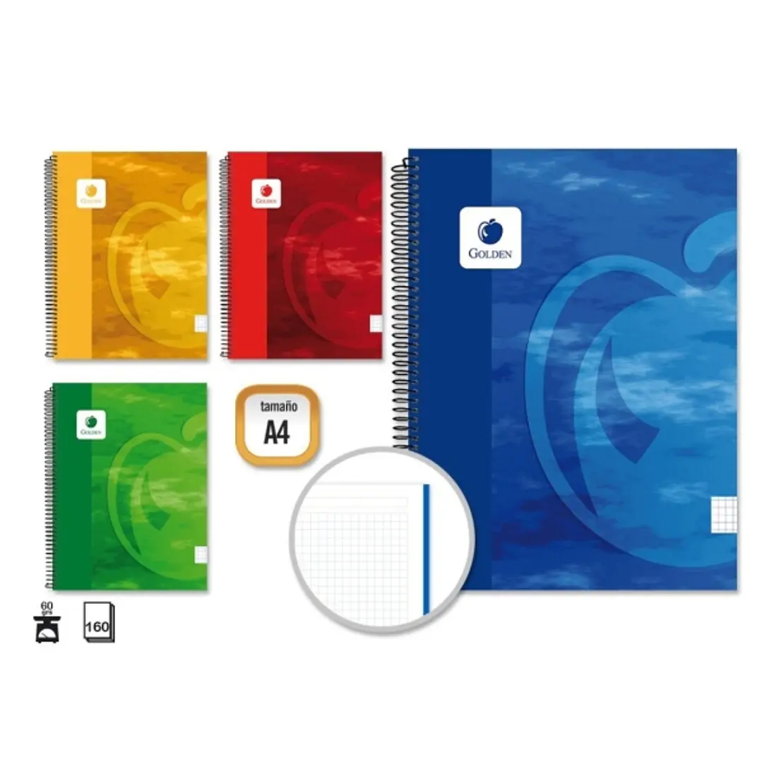 Golden Cuaderno Espiral A4 160 Hojas 60grs Cuadricula 5x5 - Hojas Microperforadas - Tapa Dura Plastificada - Colores Surtidos 1
