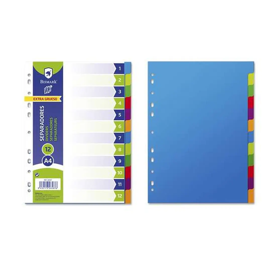 Bismark Pack de 12 Separadores - Tamaño A4 - Extragruesos - Fabricados en Polipropileno - Colores Surtidos 1