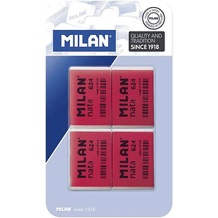 Milan Nata 624 Pack de 4 Gomas de Borrar Rectangulares - Plastico - Suave - No Abrasiva - Color Rojo/Blanco