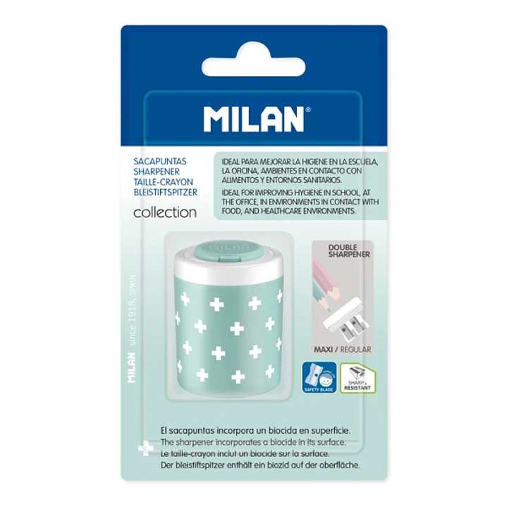Milan Collection + Sacapuntas Doble con Deposito - Agujero Normal y Maxi - Superficie Antibacteriana - Color Turquesa 1