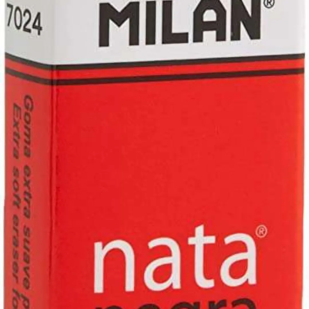 Milan Nata 7024 Goma de Borrar Rectangular - Plastico - Faja de Carton Roja - Envuelta Individualmente - Extra Suave - Color Negro 1