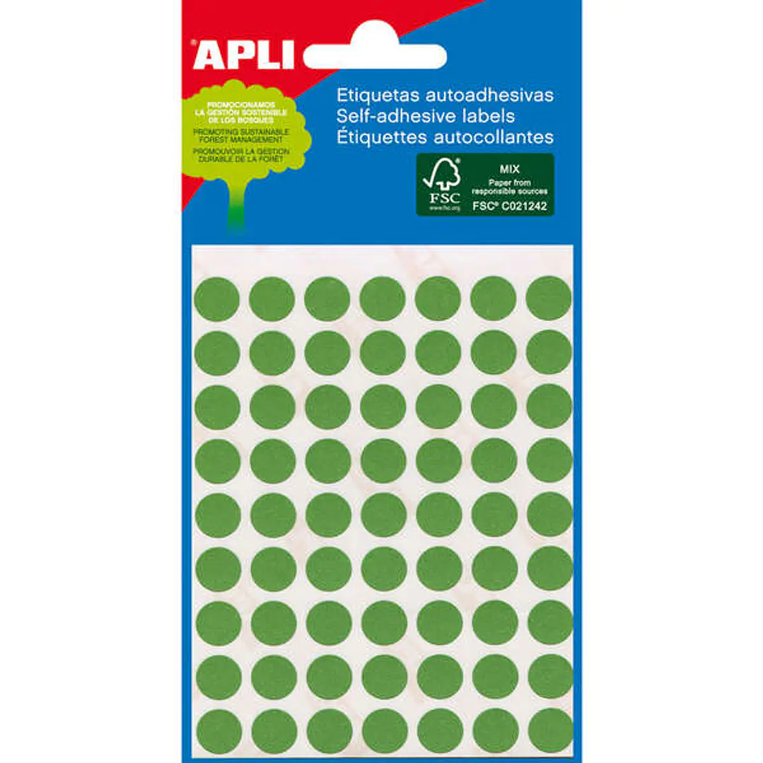 Apli Minibolsa de 288 Etiquetas Redondas Ø 8mm - 3 Hojas por 96 Etiquetas - Adhesivo Permanente - Color Verde 1