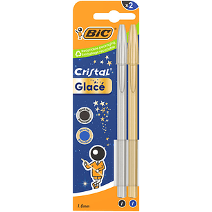 Bic Cristal Glace Pack con 2 Boligrafos de Bola - Cuerpo Opaco en Colores Metalizados Mate - Punta Redonda de 1mm - Trazo 0.4mm - Tinta con Base de Ac