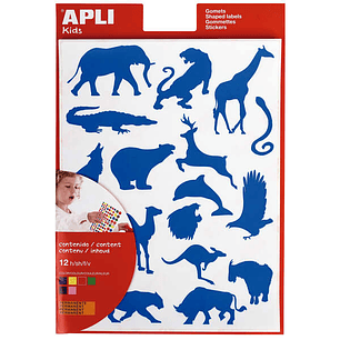 Apli Gomets Animales Salvajes - 204 Unidades por Bolsa - Formas de Elefante, Tigre, Jirafa y Mas - Adhesivo Base Agua y Materiales 100% Reciclables