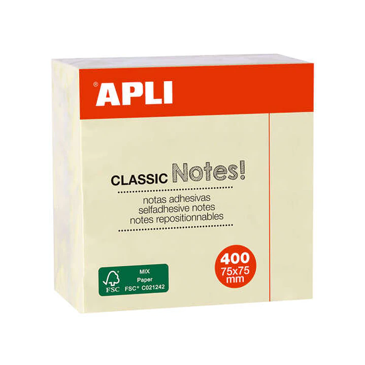 Apli Notas Adhesivas Classic 75x75mm - Cubo de 400 Hojas - Adhesivo de Calidad - Facil de Despegar - Amarillo 1