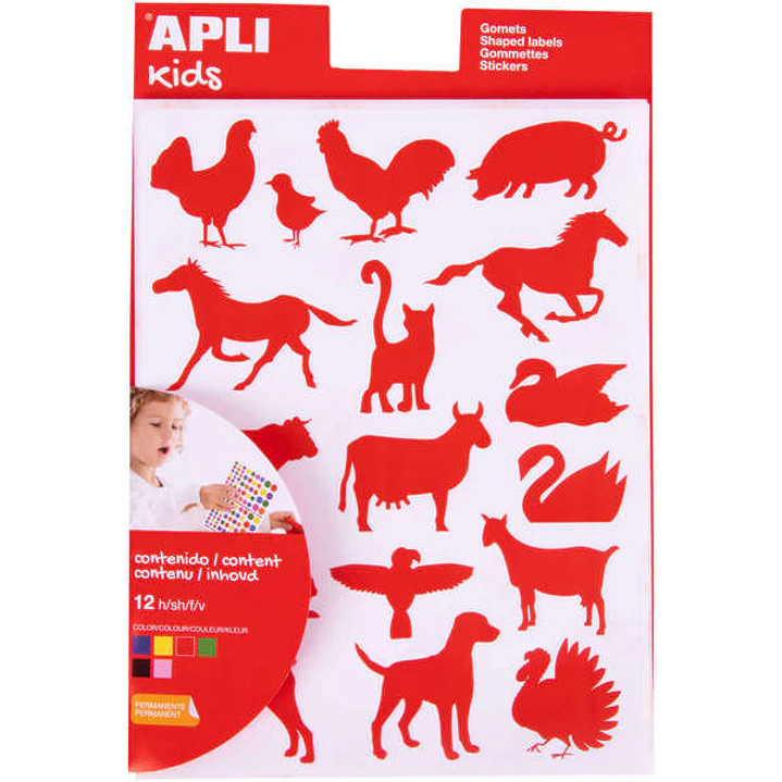 Apli Bolsa de Gomets de Adhesivo Permanente con Formas de Animales de Granja - 204 Gomets por Bolsa - Desarrolla la Psicomotricidad Fina y Cumple con  1