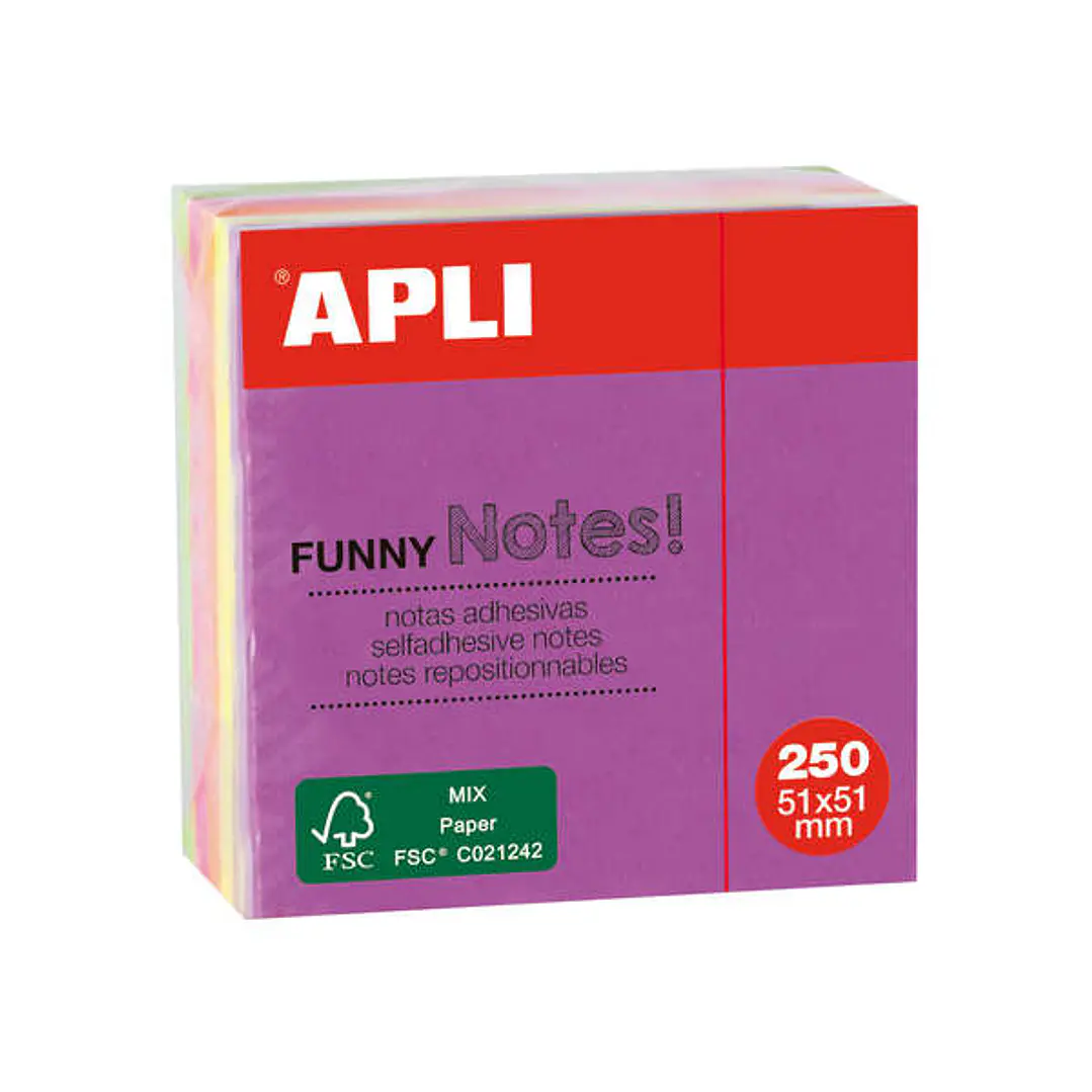 Apli Mini-Cubo con 250 Notas Adhesivas Funny 51x51mm - 5 Colores Surtidos Fluorescentes - Divertidas y Practicas 1