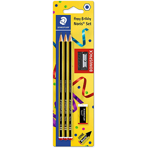 Staedtler Noris 120 Pack de 3 Lapices de Grafito Hexagonales + Goma de Borrar + Sacapuntas - Mina HB Ultrarresistente de 2mm - Madera de Bosques Soste