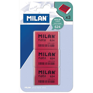 Milan Nata 624 Pack de 3 Gomas de Borrar Rectangulares - Plastico - Suave - No Abrasiva - Color Rojo/Blanco