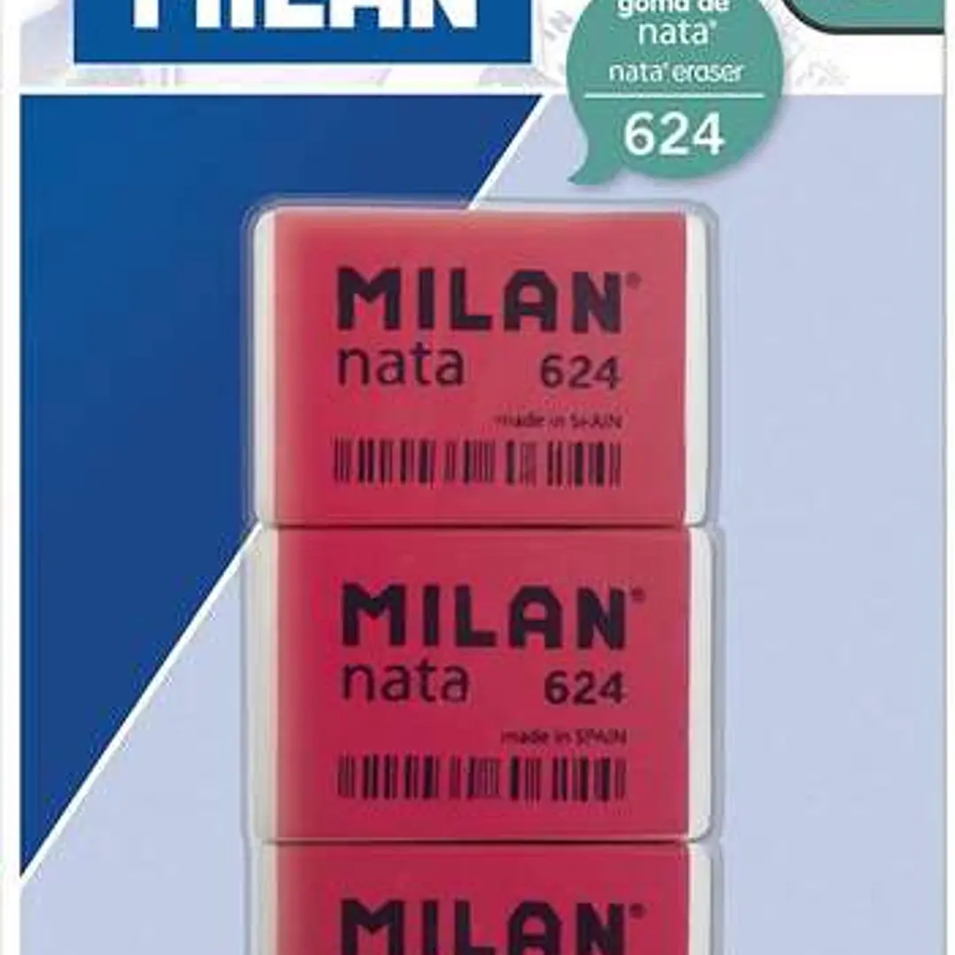 Milan Nata 624 Pack de 3 Gomas de Borrar Rectangulares - Plastico - Suave - No Abrasiva - Color Rojo/Blanco 1