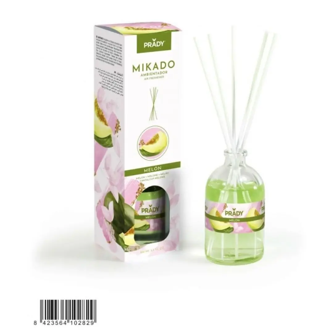 Prady Ambientador Mikado Melon - Frasco de Cristal 100 ml y Varitas Difusoras 1