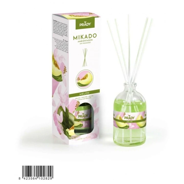 Prady Ambientador Mikado Melon - Frasco de Cristal 100 ml y Varitas Difusoras 1