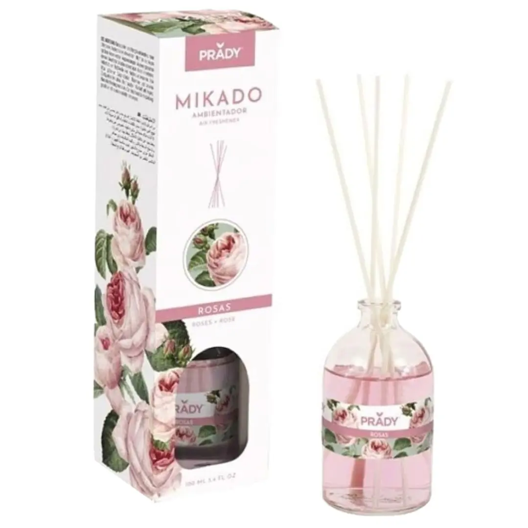 Prady Ambientador Mikado Rosas - Frasco de Cristal 100 ml y Varitas Difusoras 1