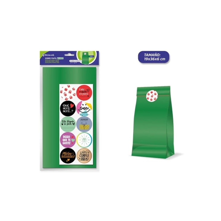 Bismark Pack de 10 Sobres Papel Kraft 50grs con 10 Pegatinas para Cierre - Medidas 19x36x6cm - Ideal para Regalos - Color Verde 1