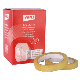 Apli Cinta Adhesiva Transparente 15mm x 66m - Resistente al Agua y a la Intemperie - Facil de Cortar con las Manos - Ideal para Manualidades y Embalaj