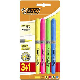 Bic Highlighter Grip Pack de 4 Marcadores Fluorescentes - Tinta con Base de Agua - Punta Biselada - Trazo entre 1.60 y 3.30mm - Colores Surtidos