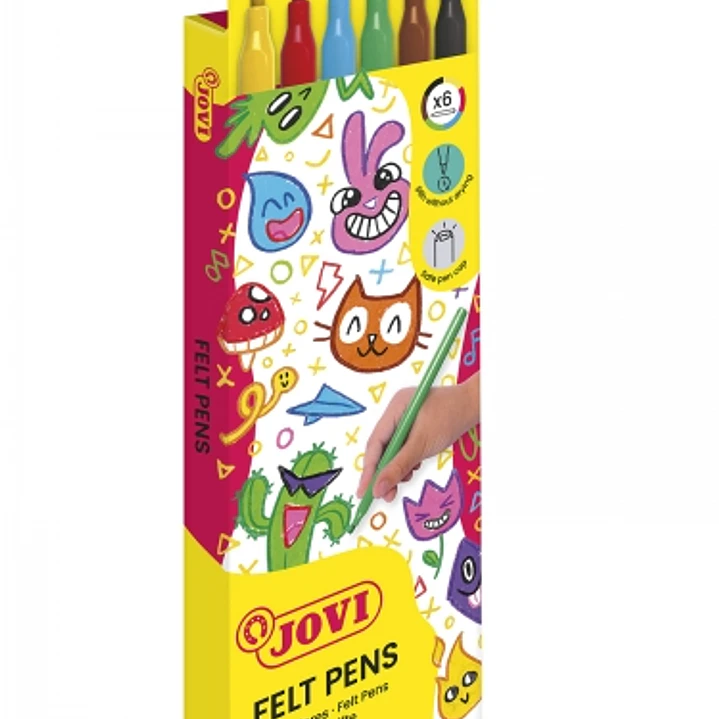 Jovi Felt Pens Estuche de 6 Rotuladores - Tinta de Gran Fijacion - Punta de 3mm - Capuchon de Seguridad Ventilado - Grip Triangular Ergonomico - Trazo 1