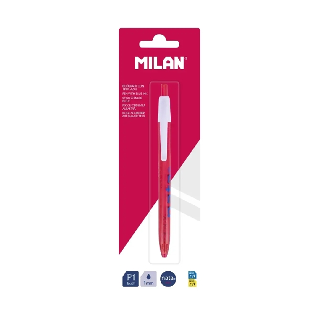 Milan P1 Nata® 624 Boligrafo de Bola Retractil - Punta Redonda 1mm - Tinta Color Azul - Cuerpo de Color Rosa/Blanco 1