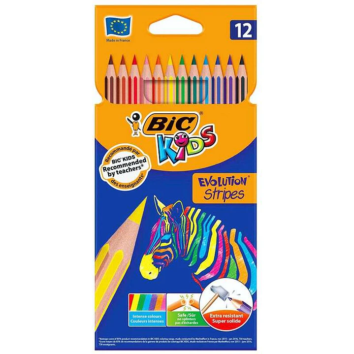 Bic Kids Evolution Stripes Caja de 12 Lapices de Colores Surtidos - Fabricados en Resina - Punta Ultraresistente - Mina Pigmentada de 3.20 mm - Nueva  1