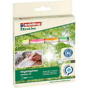 Edding 24 EcoLine Pack de 4 Marcadores Fluorescentes - Punta Biselada - Trazo entre 2-5mm - 90% de Plastico Reciclado - Etiqueta Ecologica Blue Angel 