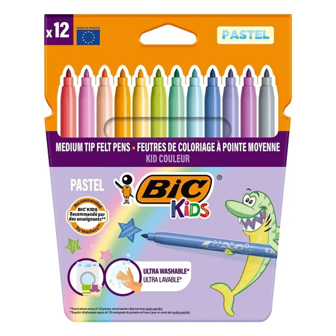 Bic Kids Couleur Pastel Pack de 12 Rotuladores - Punta Mediana - Lavable - Colores Pastel Surtidos 1