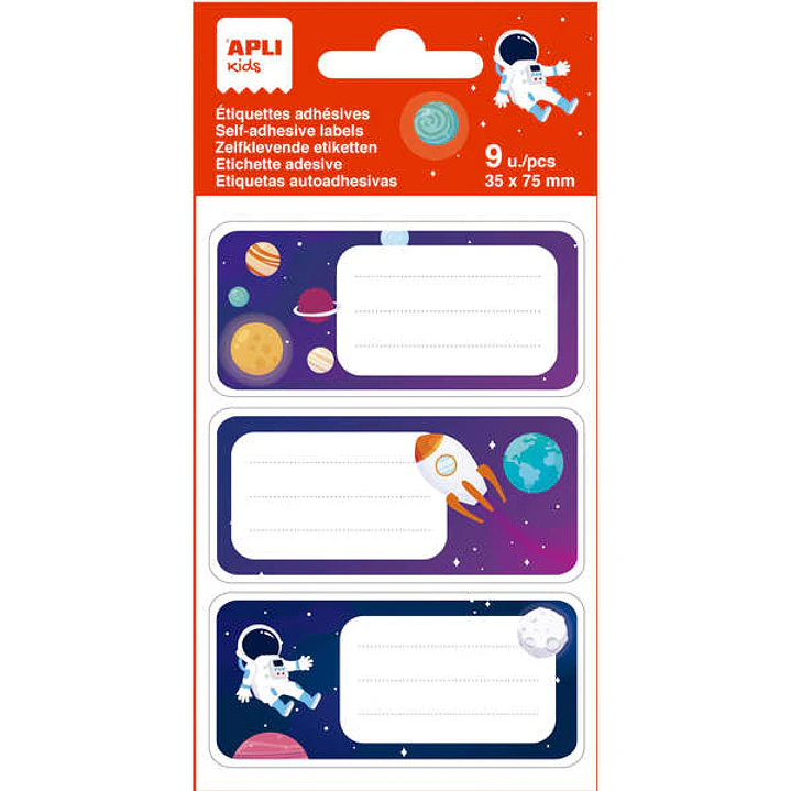 Apli Etiquetas Adhesivas Escolares Planetas - Tamaño 81x36mm - 9 Etiquetas en 3 Hojas - Adhesivo Permanente de Alta Calidad - Diseño Planetas - Color  1
