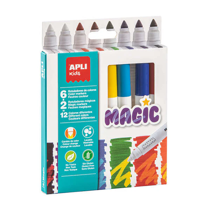 Apli Kids Rotuladores Magic - Ø 14.4x137 mm - Cambio de Color con 2 Blancos - Cuerpo Cilindrico y Punta Redonda Bloqueada de Ø 7.5 mm - Tinta de Larga 1