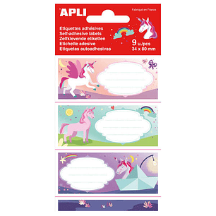 Apli Etiquetas Adhesivas Escolares Unicornios - Tamaño 81x36mm - 9 Etiquetas (3 por Diseño) - Adhesivo Permanente de Alta Calidad - Ideal para Marcar 