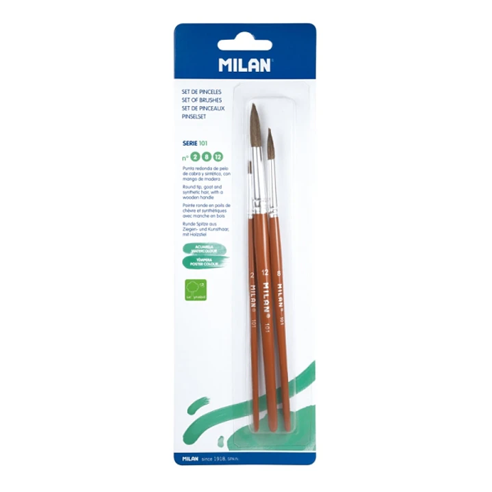 Milan 101 Pack de 3 Pinceles Redondos - Formatos Surtidos - Pelo de Cabra y Sintetico - Color Madera Oscuro 1