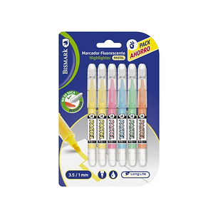 Bismark Long-Life Pack de 6 Marcadores Fluorescentes Pastel - Tinta Liquida - Punta Biselada - Ideal para Subrayar y Resaltar - Colores Surtidos