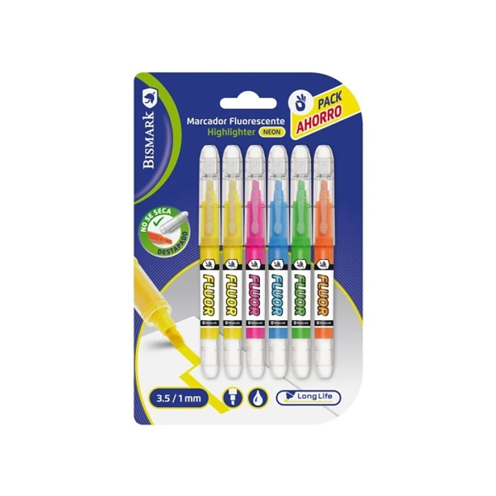 Bismark Long-Life Pack de 6 Marcadores Fluorescentes Neon - Tinta Liquida - Punta Biselada - Ideal para Subrayar y Resaltar - Colores Surtidos 1