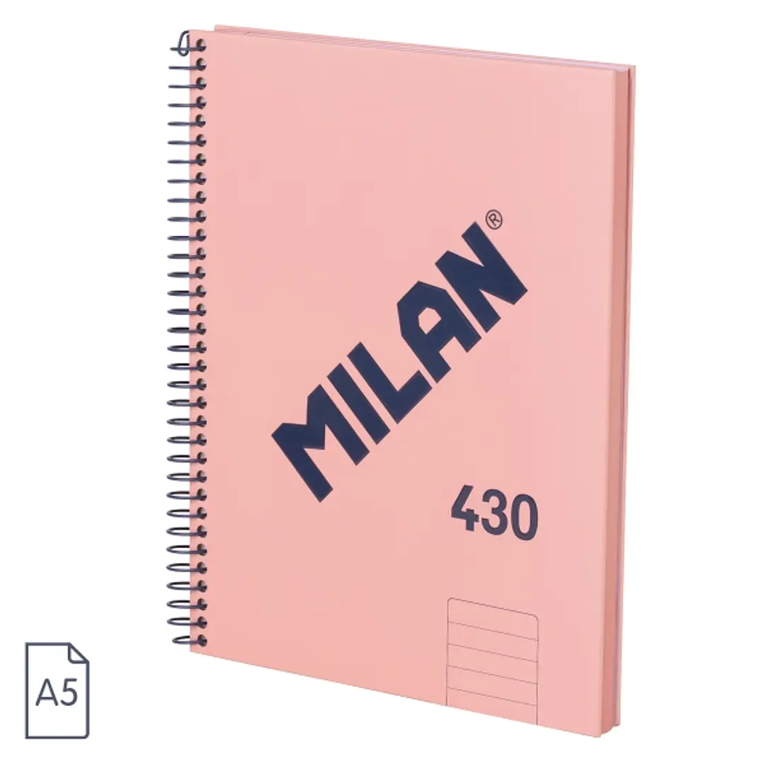 Milan 430 Since 1918 Cuaderno A5 con Espiral - Papel a Lineas de 7mm - 80 Hojas de 95g - Tapa Dura - Color Rosa 1